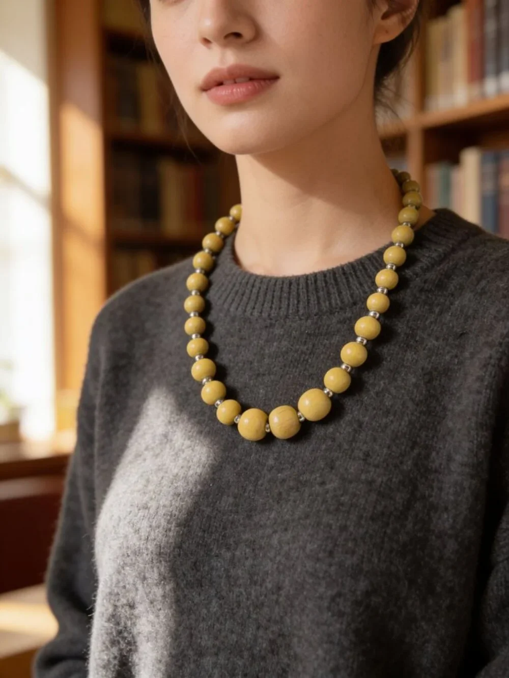 vintage polished olive wooden and silver metal beaded single row necklace